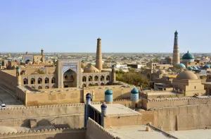 Fortified City Prints: The old town of Khiva (Itchan Kala), a Unesco World Heritage Site, seen from the Khuna