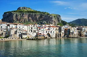 Old town and La Rocca Cliff, Cefalu, Sicily, Italy, Europe