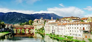 Connection Prints: Old town and river Brenta in spring, Bassano Del Grappa, Vicenza province, Veneto, Italy