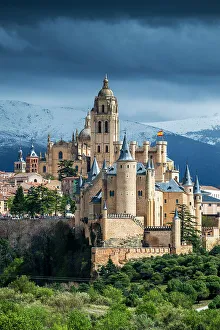 Townscape Prints: Old town skyline with Alcazar castle and Cathedral, Segovia, Castile and Leon, Spain