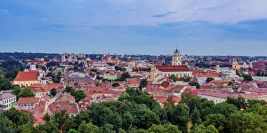 Vilnius Prints: Old Town Skyline at dusk, elevated view, Vilnius, Lithuania