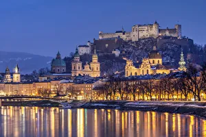 Old town skyline at dusk, Salzburg, Austria