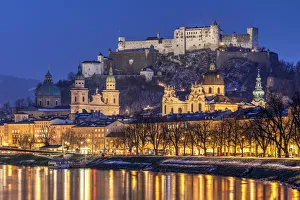 Old town skyline at dusk, Salzburg, Austria