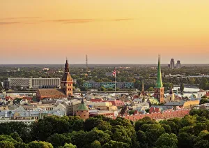 Latvian Prints: Old Town Skyline at sunset, elevated view, Riga, Latvia