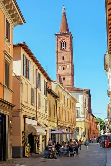Pavia Prints: Old town street leading to Santa Maria del Carmine church, Pavia, Lombardy, Italy