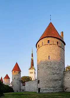 Tallinn Prints: Old Town Walls and St Olafs Church at sunset, Tallinn, Estonia