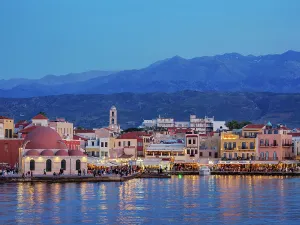 Hania Prints: Old Town Waterfront and Kucuk Hasan Mosque at dusk, City of Chania, Crete, Greece