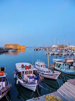 Herakleion Prints: Old Venetian Port and The Koules Fortress at dusk, City of Heraklion, Crete, Greece
