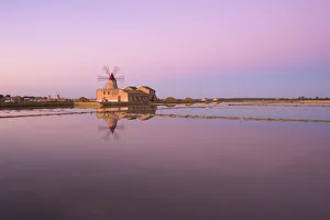 Salt Pans Prints: Old windmill in the Marsala Salt Pans, Trapani, Sicily, Italy