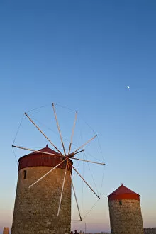 Images Dated 6th July 2012: Old Windmills in Mandraki Harbour, Rhodes Town, Rhodes, Greece