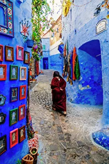 Chaouen Prints: Old woman, Chefchaouen, the Blue City in Morocco, North Africa