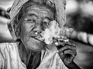 Face Prints: Old woman smoking a cheroot, Indein, near Inle Lake, Shan State, Myanmar