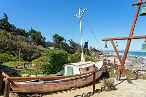 Old wooden boat at Pablo Neruda Museum, Isla Negra, El Quisco, San Antonio Province, Valparaiso Region, Chile