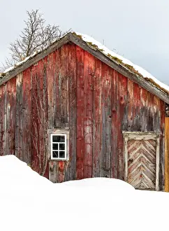 Wooden House Prints: Old wooden house in the snow, Straumen Farm, Straumsbukta, Kvaloya, near Tromso, Norway