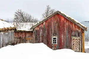 Wooden House Prints: Old wooden house in the snow, Straumen Farm, Straumsbukta, Kvaloya, near Tromso, Norway