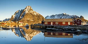 Fjord Collection: Olinstinden Reflecting in Reine Harbour, Lofoten Islands, Norway