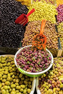 Olives for sale at stall in medina, Meknes, Morocco