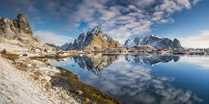 Reine Prints: Olstinden Reflecting in Bay, Reine, Lofoten Islands, Norway