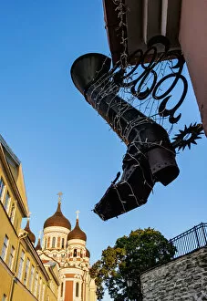 Tallinn Collection: Ornamental Steel Boot in front of the Alexander Nevsky Cathedral, Old Town, Tallinn, Estonia
