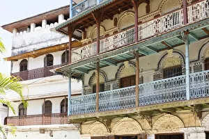 Tanzanian Gallery: Ornate balconies on restored buildings in old Stone Town, Zanzibar, Tanzania