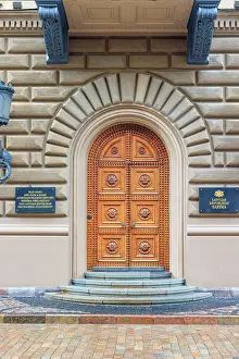 Latvian Prints: Ornate door of the Parliament of Latvia building, Riga, Latvia
