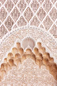 North African Prints: Ornate plasterwork, Ben Youssef Medersa (old Koranic school), Marrakech, Morocco