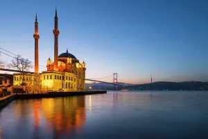Mosques Prints: Ortakoy Camii (Mosque) and the Bosphorus Bridge, Ortakoy, Istanbul, Turkey