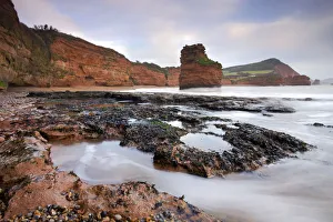 South Devon Prints: Otterton sandstone cliffs and seastacks at Ladram Bay, South Devon, England. January 2009