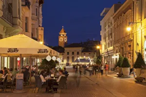 Outdoor cafes at dusk, Szeged, Southern Plain, Hungary