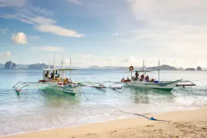 Province Of Palawan Prints: Outrigger boats anchored at Dilumacad Island (Helicopter Island), El Nido, Palawan