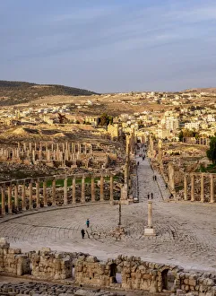 Jerash Prints: Oval Plaza at sunset, elevated view, Jerash, Jerash Governorate, Jordan