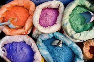 African Culture Collection: Overhead view of colored powders for textile dyes in the street markets, Morocco