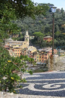 Genova Prints: Overview of the old town and Church of San Martino, Portofino, province of Genoa, Liguria