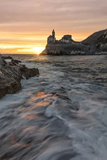 Typical House Prints: overview of San Pietro Church at sunset in summer time, Porto Venere, La Spezia province