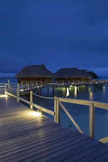 French Polynesian Prints: Overwater bungalows of Sofitel Private Island at dusk, Bora Bora, Society Islands