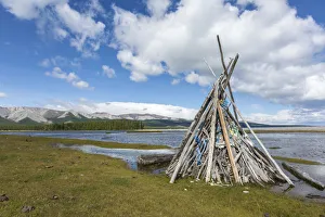 Eastern Asia Prints: Ovoo made of wood on the shores of Hovsgol Lake. Hovsgol province, Mongolia