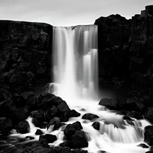 B And W Prints: Oxarafoss waterfall, Thingvellir National Park, Iceland