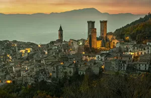 High Gallery: Pacentro with its castle and towers. Pacentro, province of l Aquila, Abruzzo, Italy