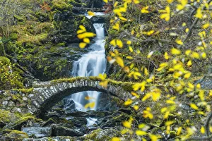 Kinross Prints: Packhorse Bridge & Waterfall in Autumn, Glen Lyon, Perth & Kinross, Scotland