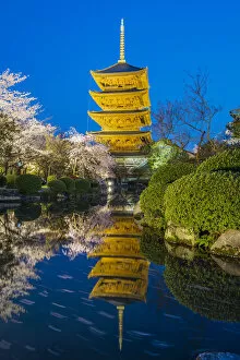 Kyoto Gallery: The pagoda of Toji Temple reflected in the pond at night, Kyoto, Japan