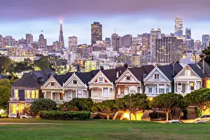 Painted Ladies Prints: Painted Ladies, Colorful historic Victorian Homes and Skyline of San Francisco Alamo Square