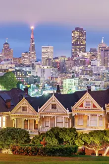 Painted Ladies Prints: Painted Ladies, Colorful historic Victorian Homes and Skyline of San Francisco Alamo Square
