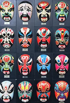 Display Prints: Painted masks at shop on South Luogu Lane, Beijing, China