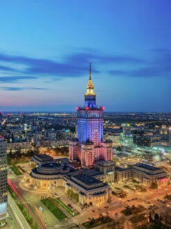 Images Dated 10th May 2023: Palace of Culture and Science at dusk, elevated view, Warsaw, Masovian Voivodeship, Poland