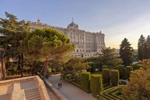 Palacio Real (Royal Palace) and Jardines de Sabatini (Sabatini Gardens) at sunset