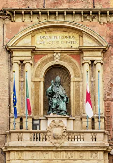 Central Square Prints: Palazzo d Accursio, detailed view, Piazza Maggiore, Bologna, Emilia-Romagna, Italy
