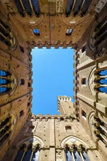 Palazzo Pubblico and Torre del Mangia, UNESCO World Heritage Site, low angle, Siena