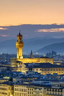 Palazzo Vecchio and buildings in the old town at dusk, Florence (Firenze), Tuscany