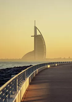 Al Arab Tower Gallery: Palm Jumeirah Boardwalk and Burj Al Arab Hotel at sunrise, Dubai, United Arab Emirates