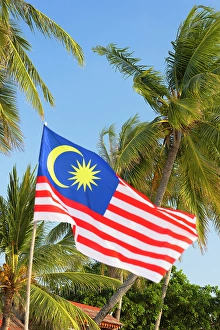 Cenang Beach Prints: Palm trees and Malaysian flag, Cenang Beach, Langkawi, Kedah, Malaysia